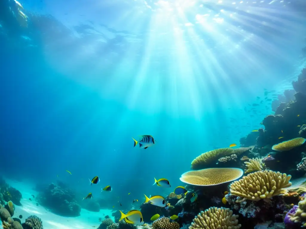 Edición de fotos submarinas vida marina: Un vibrante arrecife de coral repleto de vida marina y peces coloridos bajo el agua cristalina