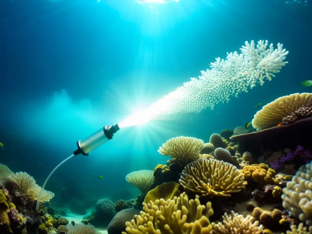 Un eficiente skimmer de proteínas captura partículas en agua marina cristalina, revelando vida marina en un ecosistema vibrante