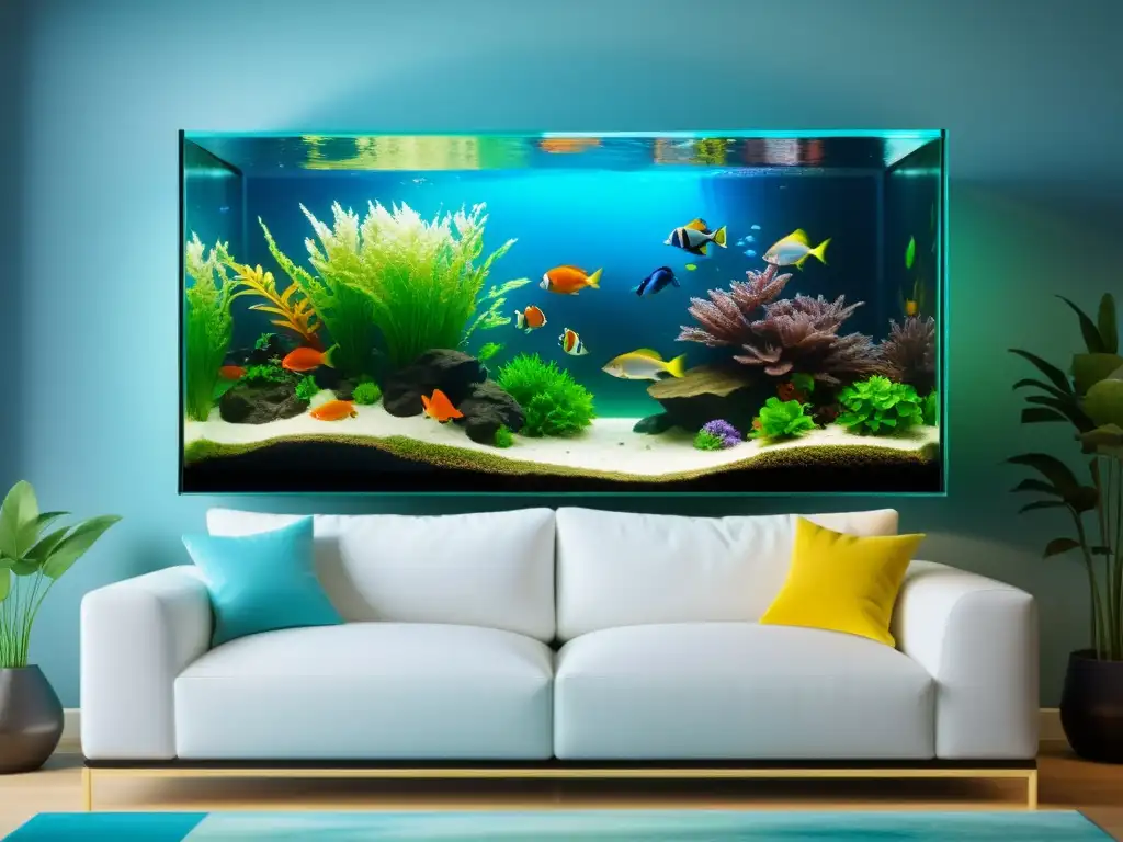 Un elegante acuario integrado en un moderno salón, con muebles de acuario para espacios que fusionan diseño y funcionalidad