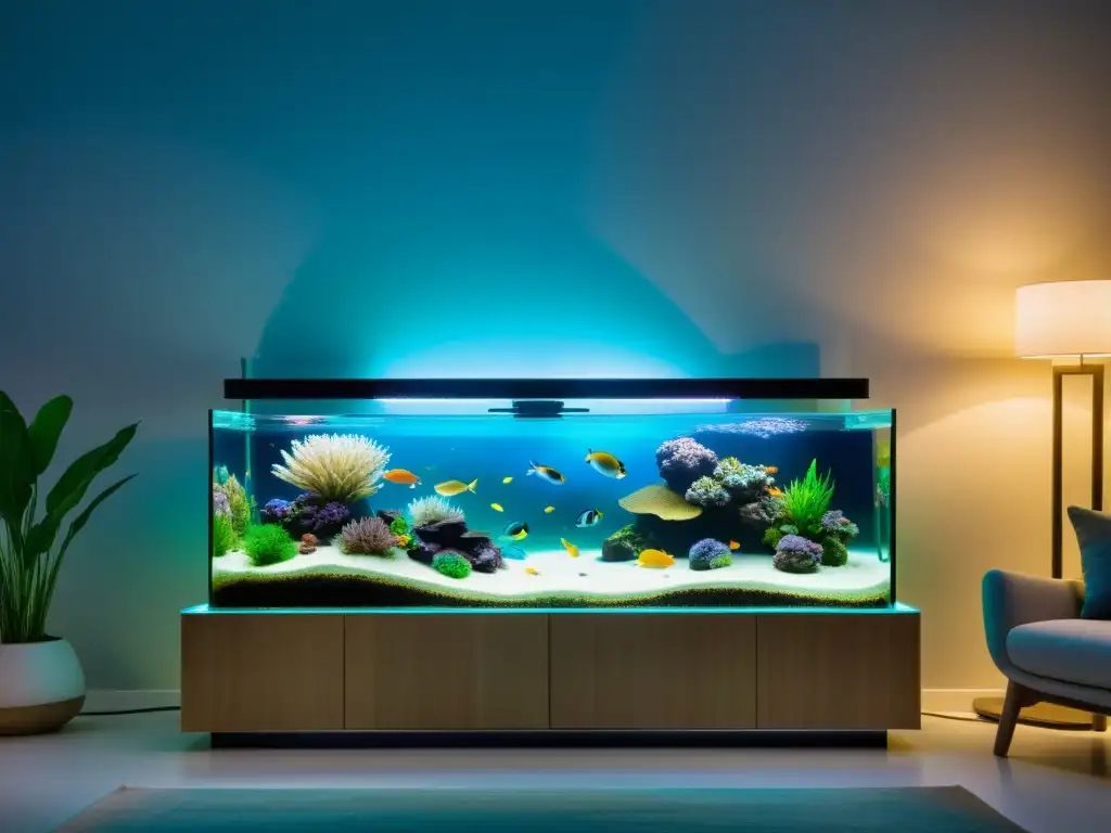 Un elegante acuario integrado en un salón minimalista con muebles de acuario para espacios, creando una atmósfera etérea y serena