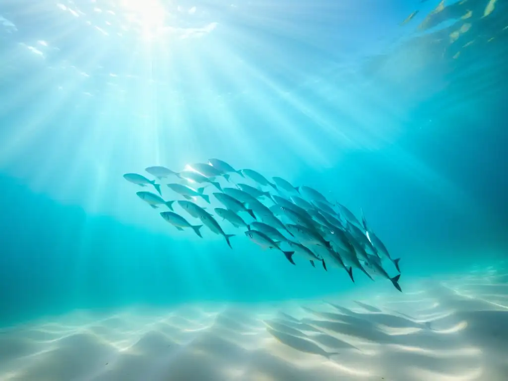 Un elegante cardumen de peces plateados en aguas turquesas, creando una sinfonía visual de tranquilidad y elegancia