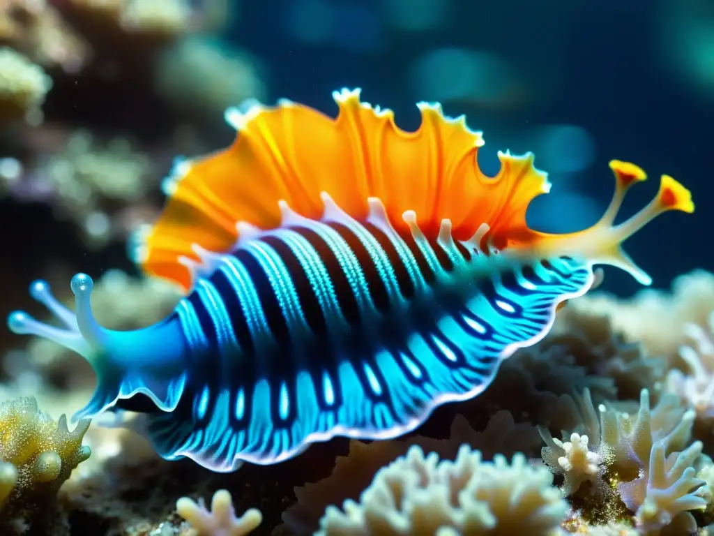 Un elegante nudibranquio de colores vibrantes se desliza sobre un lecho de coral, creando una escena submarina etérea y fascinante