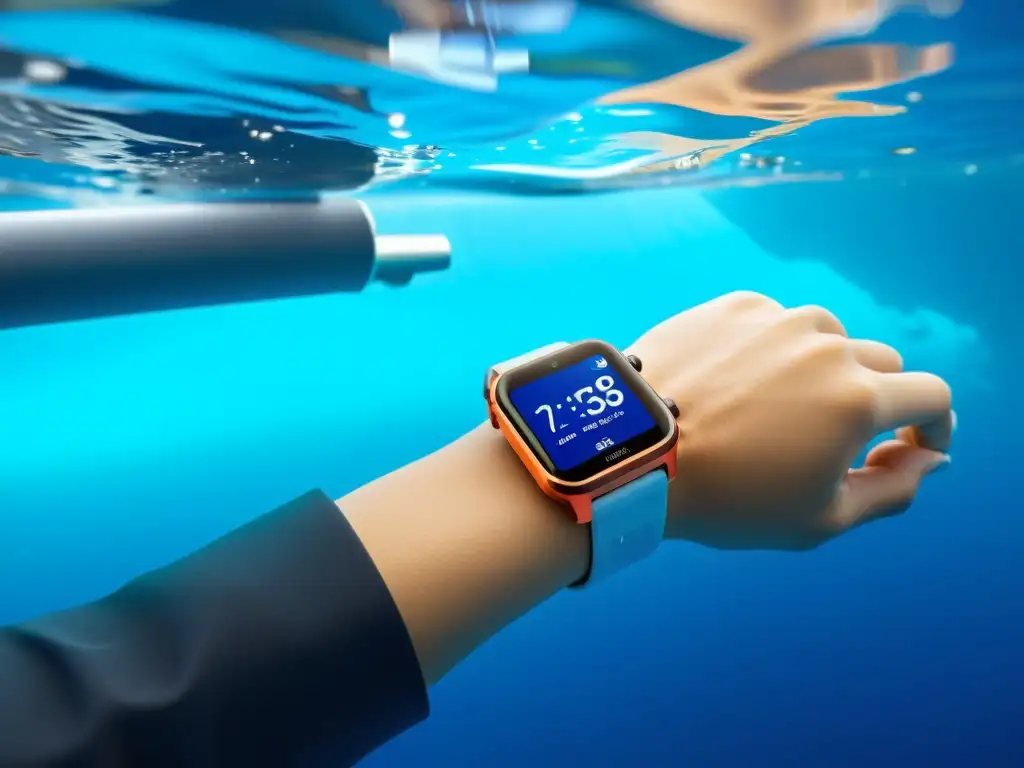 Un elegante smartwatch de buceo para salud submarina se funde con la belleza del océano, rodeado de aguas cristalinas y corales vibrantes