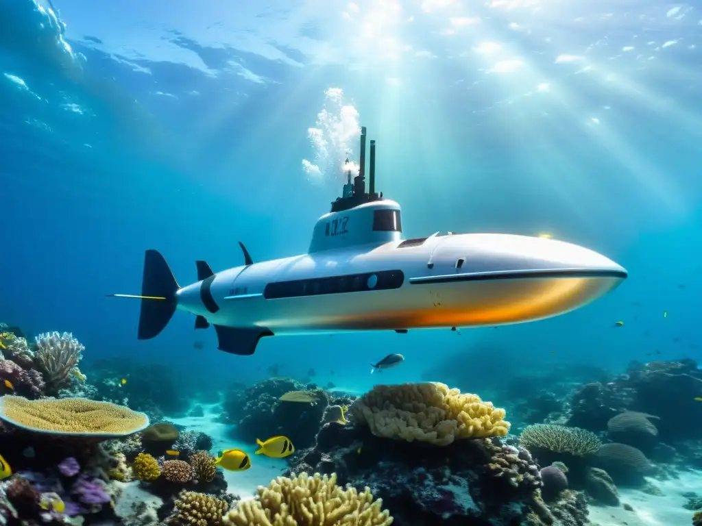 Un elegante vehículo autónomo submarino microplástico surcando las aguas cristalinas, rodeado de vida marina y tecnología avanzada