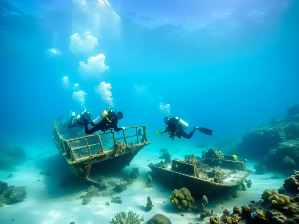 Emocionante arqueología subacuática vida marina: equipo de arqueólogos excavando un naufragio entre la vibrante vida marina y arrecifes de coral