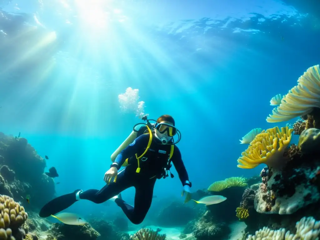 Una emocionante aventura submarina: un buceador explorando un arrecife de coral vibrante, rodeado de vida marina colorida y exuberante