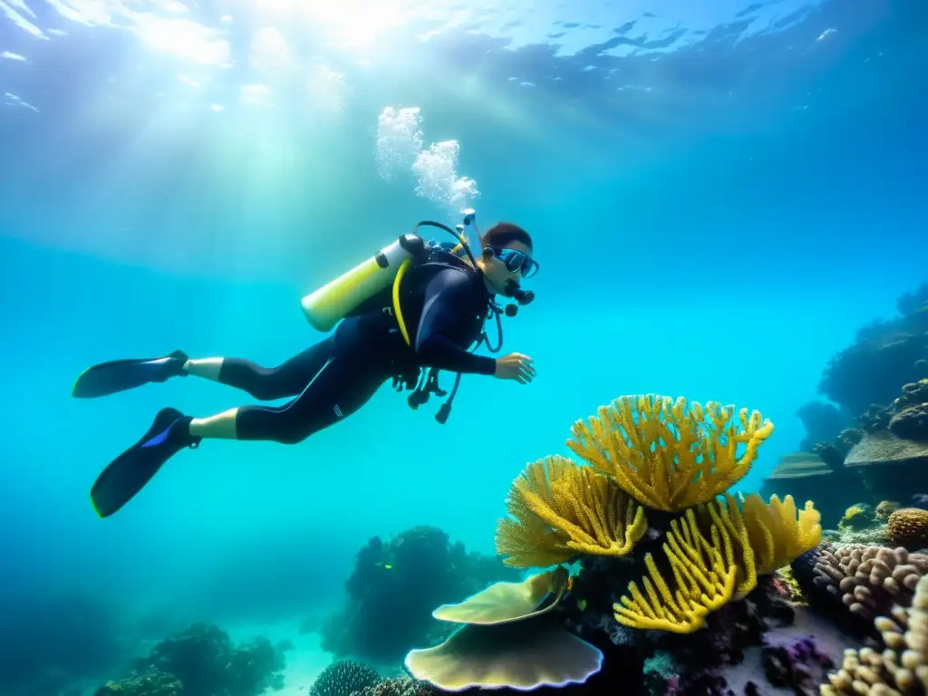 Emocionante buceo adaptado para discapacitados entre coloridos arrecifes de coral, expresando alegría y asombro en el mar