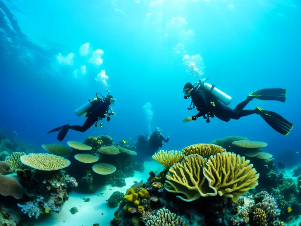 Un emocionante buceo científico en un vibrante arrecife de coral, con diversidad marina y equipos de investigación