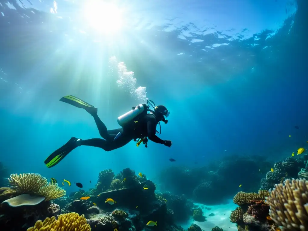 Un emocionante buzo se sumerge en aguas abiertas técnicas, rodeado de vida marina colorida y arrecifes de coral vibrantes