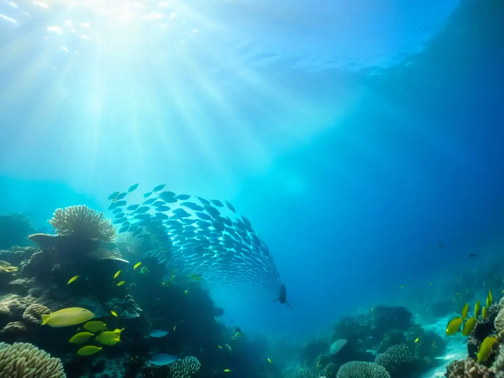 Un emocionante cardumen de peces nadando entre un arrecife de coral, con colores vibrantes y patrones iridiscentes