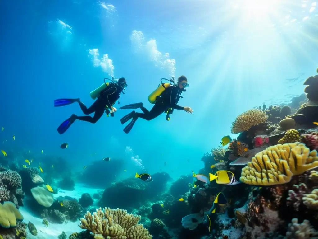 Un emocionante curso de buceo para niños, explorando un vibrante arrecife de coral lleno de vida marina en aguas cristalinas