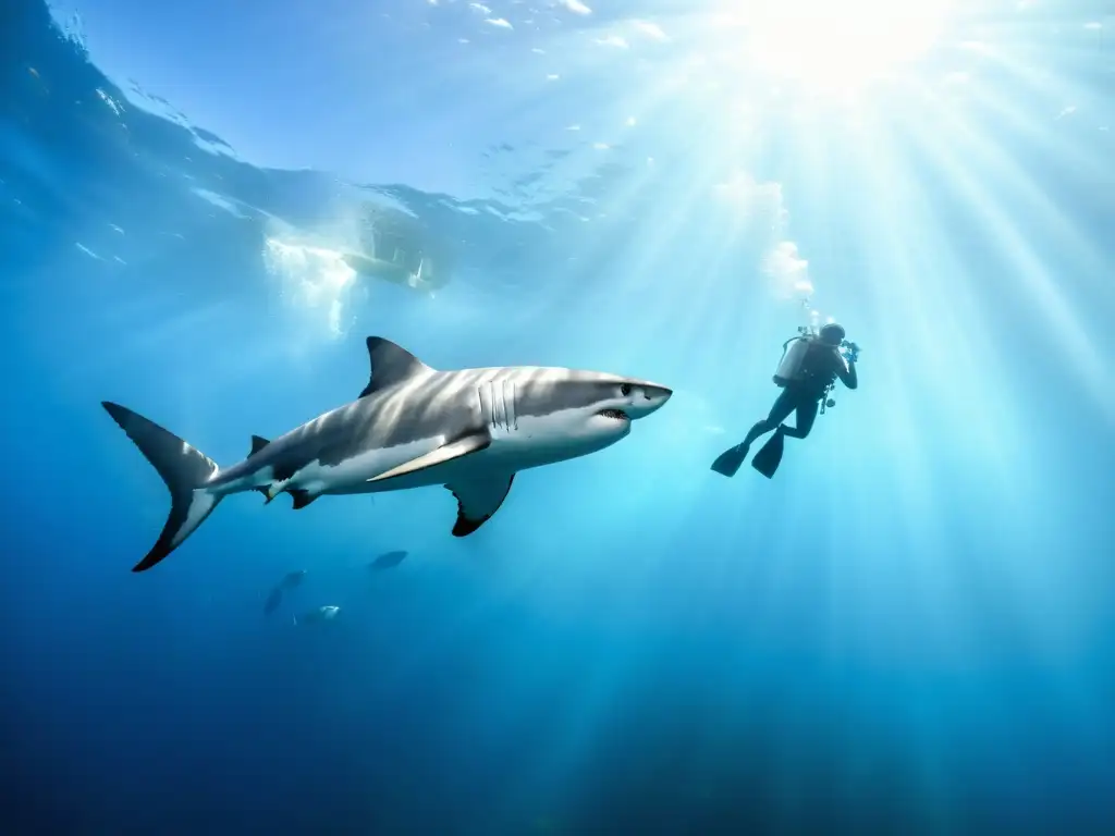 Emocionante encuentro seguro con tiburones: buceadores observan majestuoso tiburón blanco en aguas cristalinas