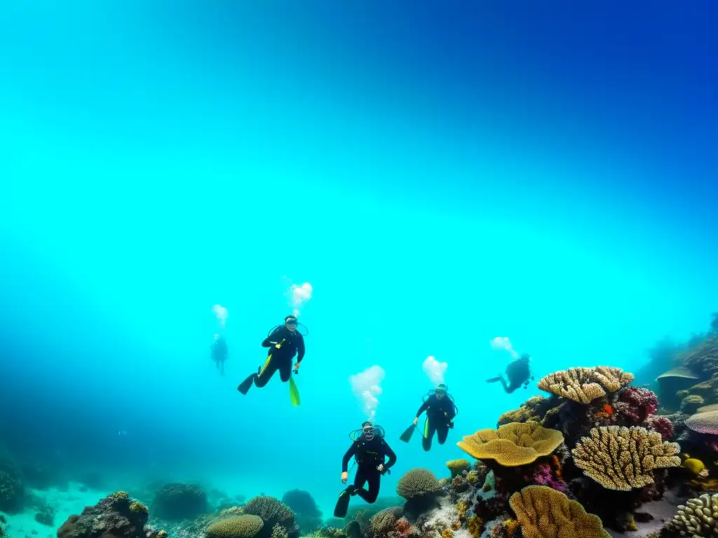 Un emocionante grupo de buceadores explora un arrecife de coral, mostrando la accesibilidad y la inclusividad de los cursos de buceo adaptativo