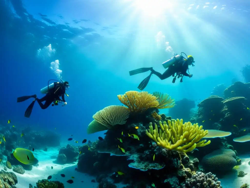 Un emocionante grupo de buzos explora un vibrante arrecife de coral lleno de vida marina