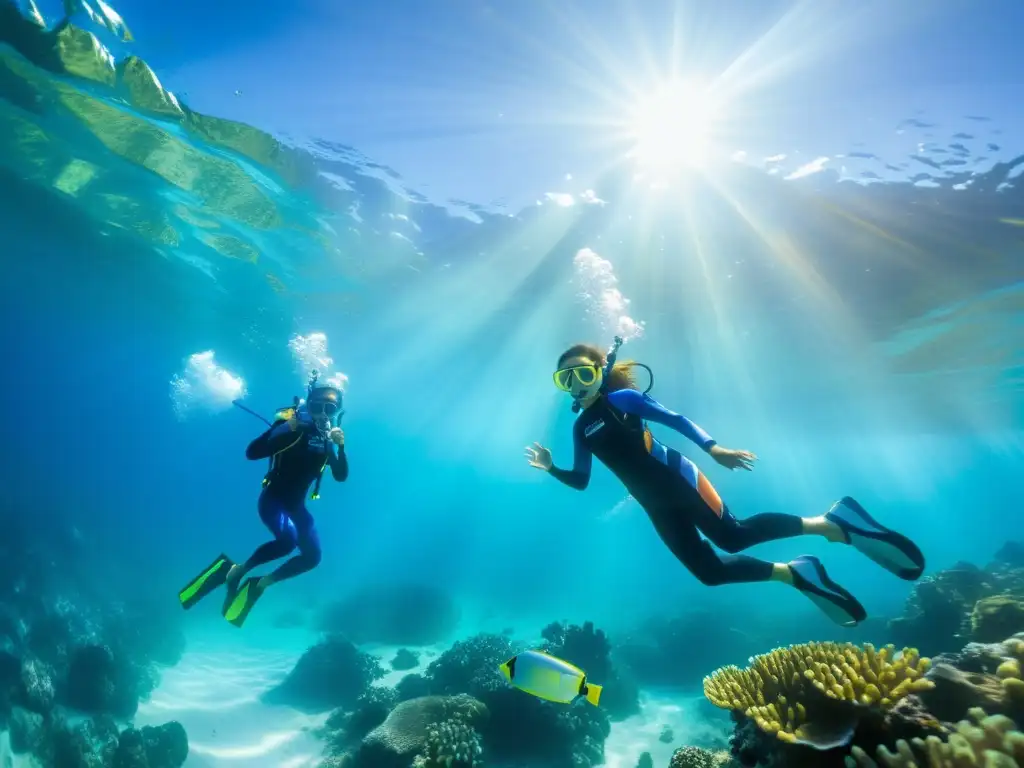 Un emocionante grupo de niños en trajes de neopreno y equipo de snorkel explora un arrecife de coral vibrante durante cursos de buceo para niños