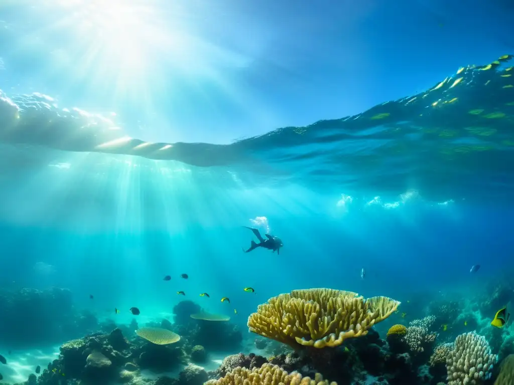 Un emocionante paisaje marino con un arrecife de coral vibrante y surfistas disfrutando de las olas