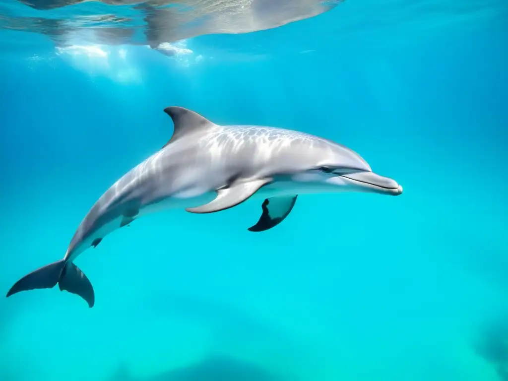 Un emocionante retrato submarino de una manada de elegantes delfines nadando en aguas turquesa cristalinas