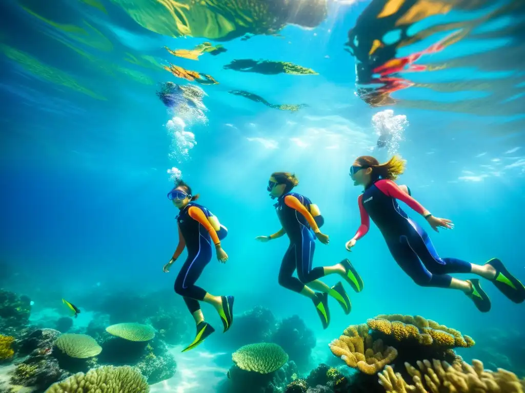 Un emocionante viaje submarino: niños en coloridos trajes de buceo exploran un arrecife de coral