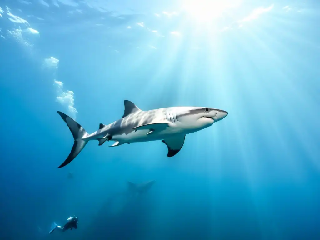 Encuentro seguro con tiburones: Buceadores observan un elegante tiburón martillo en aguas cristalinas, transmitiendo respeto y calma