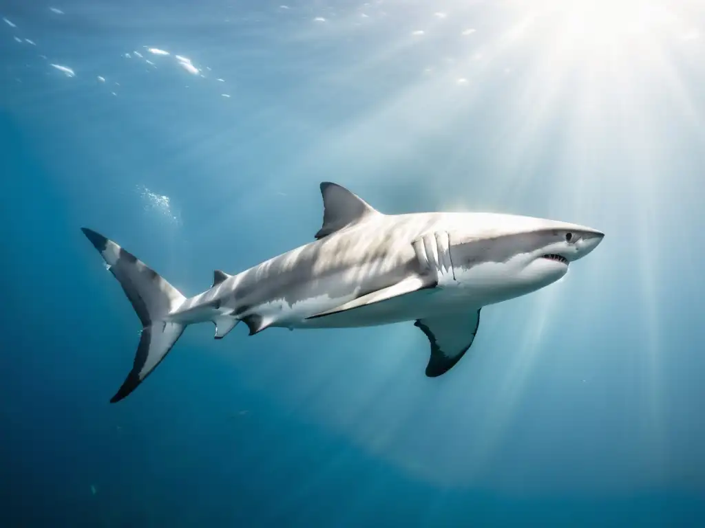 Encuentro seguro con tiburones: Un buzo nada junto a un gran tiburón blanco en aguas cristalinas, creando un momento cautivador de calma y tensión