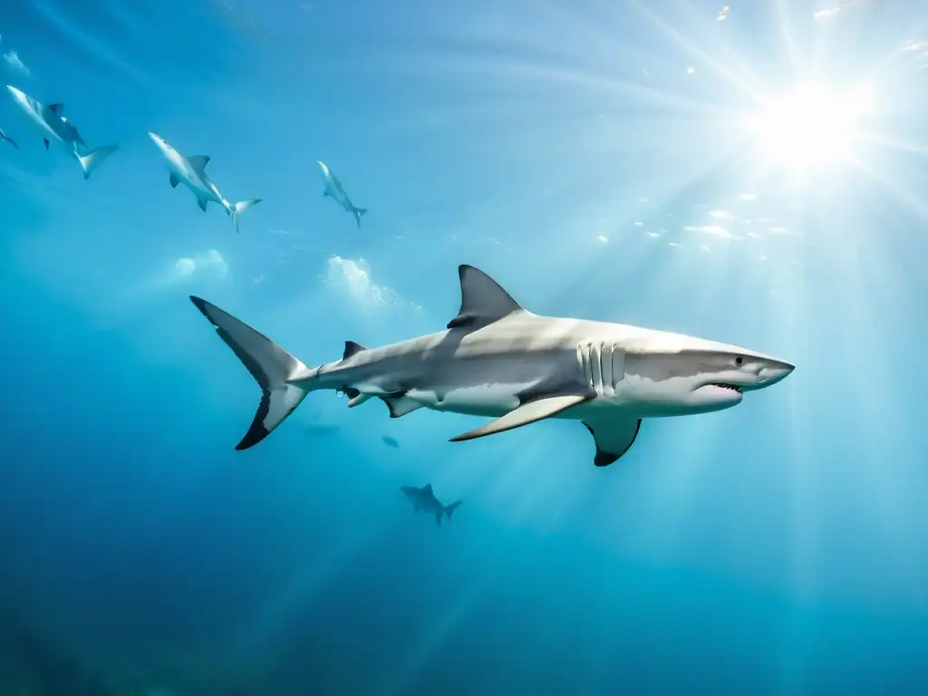 Encuentro seguro con tiburones: majestuosos tiburones en aguas cristalinas, deslizándose con gracia bajo la luz del sol, evocando respeto y admiración