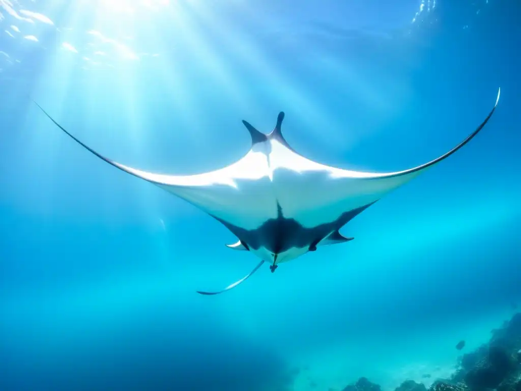 Encuentros con Mantarrayas en el océano: Majestuosas mantarrayas surcan el agua turquesa, creando un baile de luz y sombras en el arrecife de coral