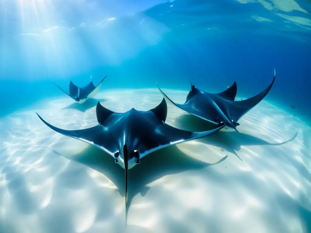 Encuentros con Mantarrayas en el océano: Majestuosas mantarrayas nadando en aguas cristalinas junto a vida marina y formaciones de coral