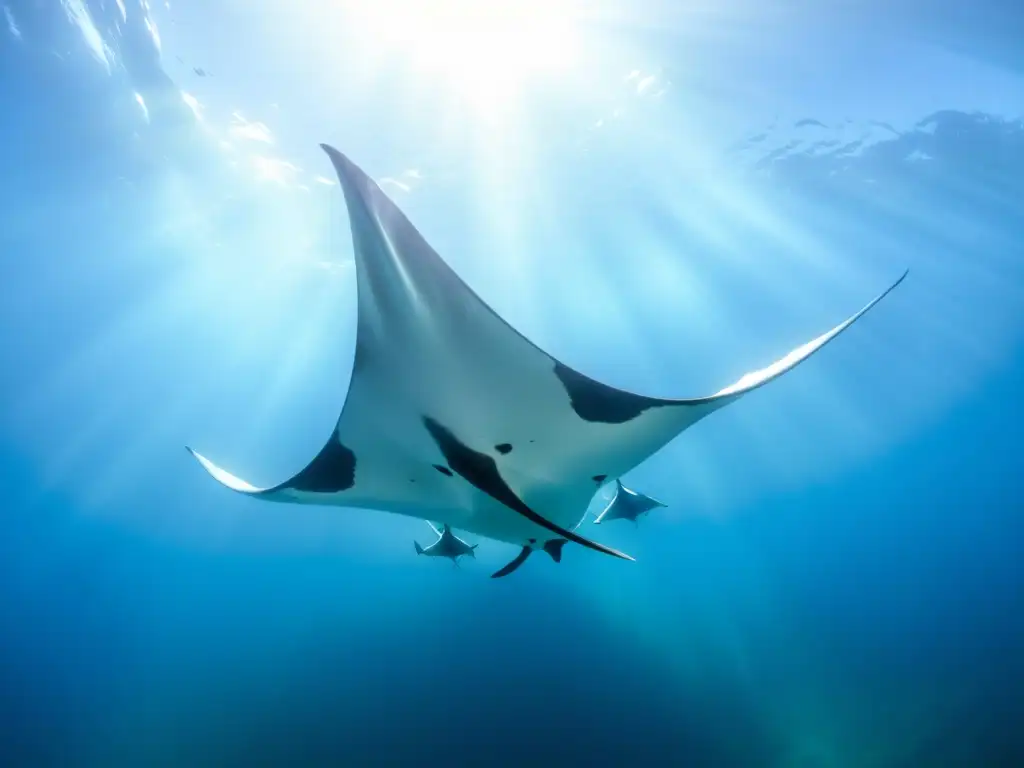 Encuentros con Mantarrayas en el océano: Majestuosas mantarrayas nadando grácilmente en aguas cristalinas, con patrones elegantes y movimientos fascinantes