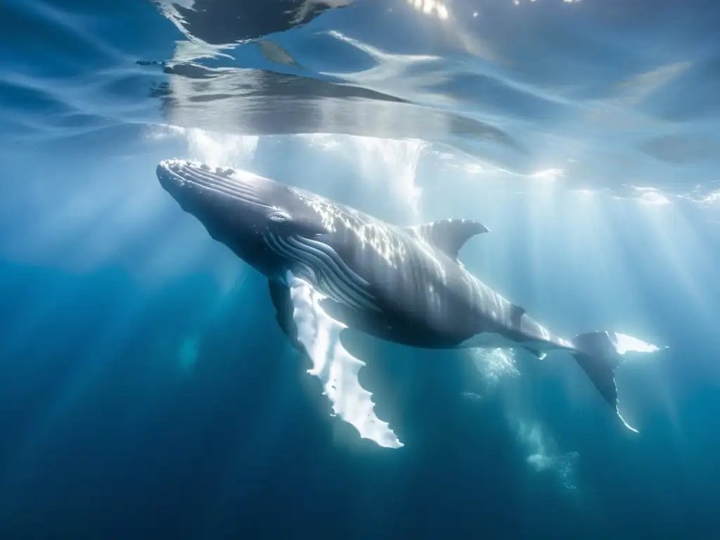 Encuentros con ballenas en expediciones: Majestuosa ballena jorobada surcando aguas cristalinas, con luz solar y sombras danzantes