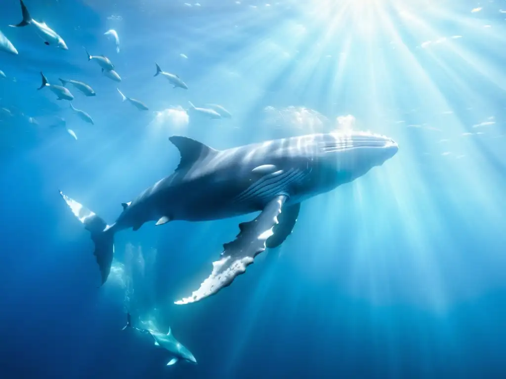 Encuentros con ballenas en expediciones: Majestuosa ballena jorobada surca aguas cristalinas, rodeada de un deslumbrante cardumen, bajo la luz del sol