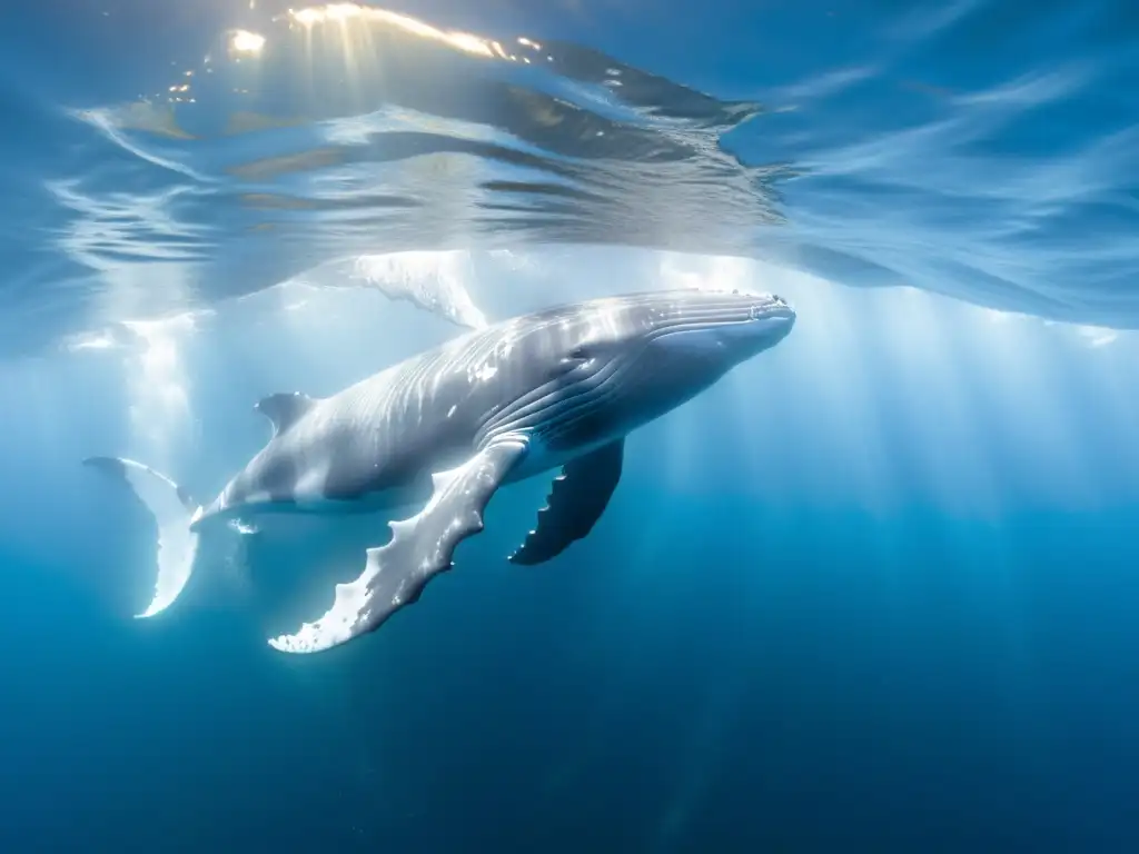 Encuentros con ballenas en expediciones: majestuosa ballena jorobada surcando las cristalinas aguas oceánicas, bañada por la luz dorada del sol