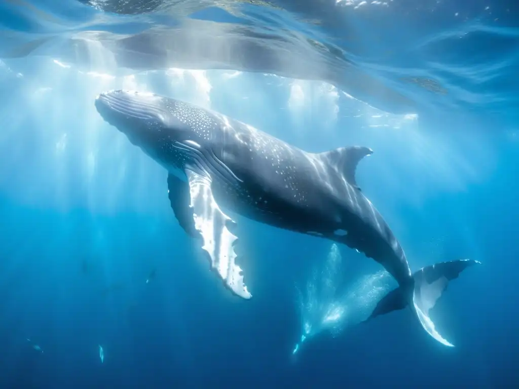 Encuentros con ballenas en expediciones: majestuosa ballena jorobada surcando aguas cristalinas rodeada de peces plateados