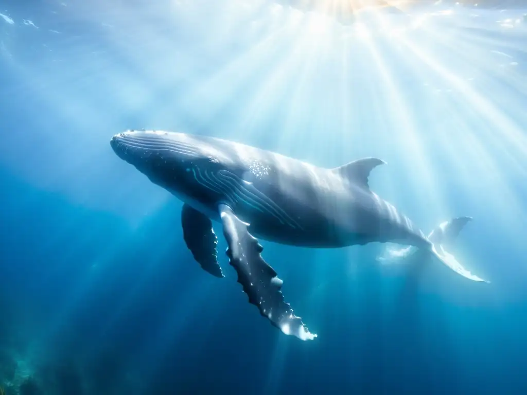 Encuentros con ballenas en expediciones: Majestuosa ballena jorobada nadando entre rayos de sol y vida marina vibrante en aguas cristalinas