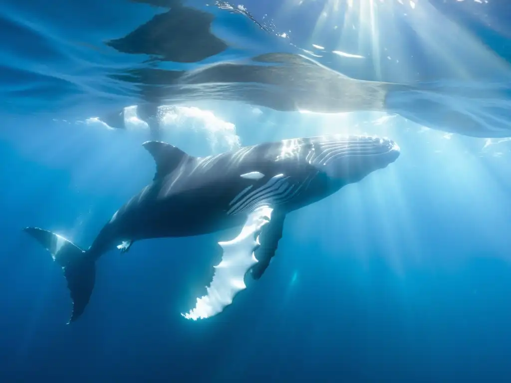 Encuentros con ballenas en expediciones: majestuosa silueta de una ballena jorobada nadando elegantemente en aguas cristalinas, iluminada por el sol