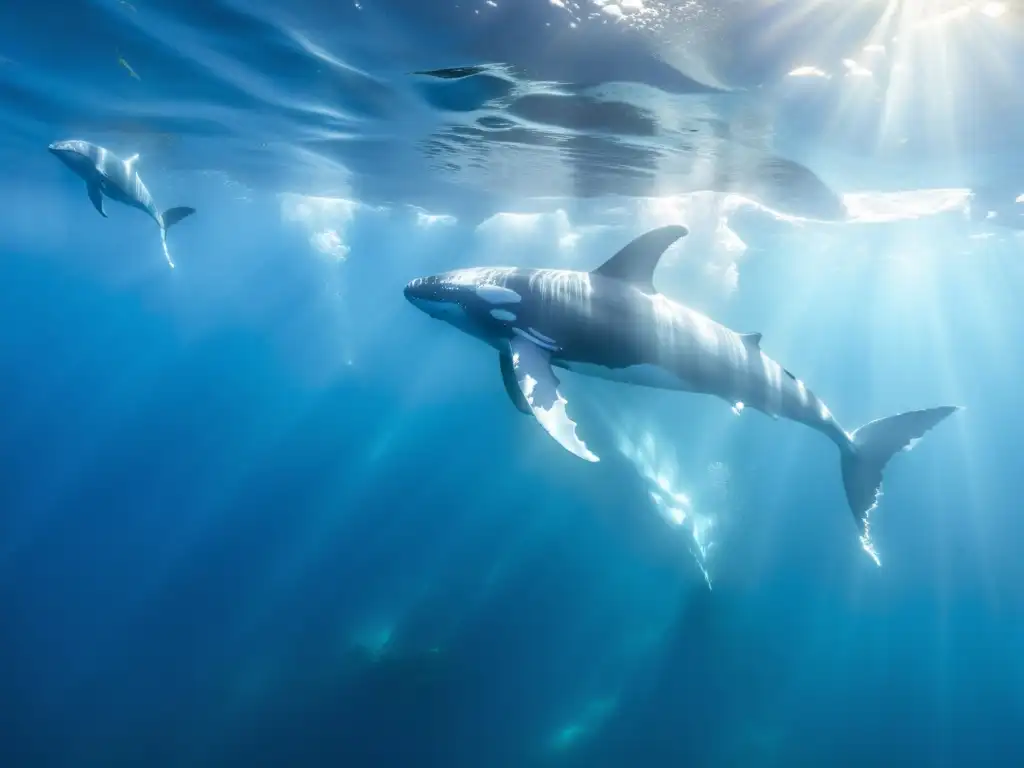 Encuentros con ballenas en expediciones: majestuosas ballenas jorobadas nadando grácilmente en el cristalino océano, rodeadas de vida marina vibrante y formaciones de coral coloridas