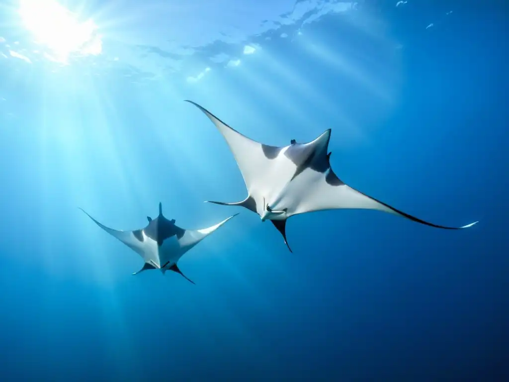 Encuentros con Mantarrayas en el océano: majestuosas mantarrayas nadando graciosamente bajo el brillante sol, creando un espectáculo sereno y fascinante en el profundo azul del océano