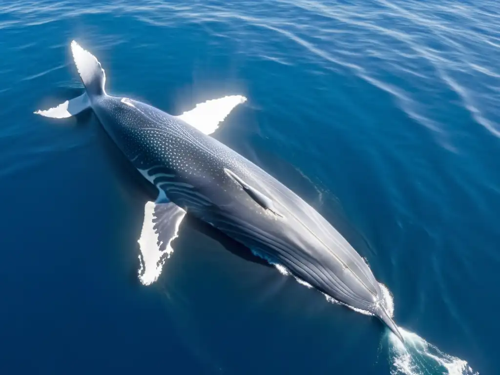 Encuentros cercanos con criaturas marinas: Majestuosa ballena azul surcando el océano, rodeada de vida marina y luz filtrada