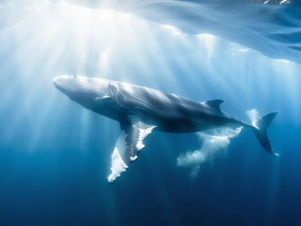 Encuentros cercanos con criaturas marinas: majestuosa ballena azul nadando en el profundo océano, iluminada por rayos de sol