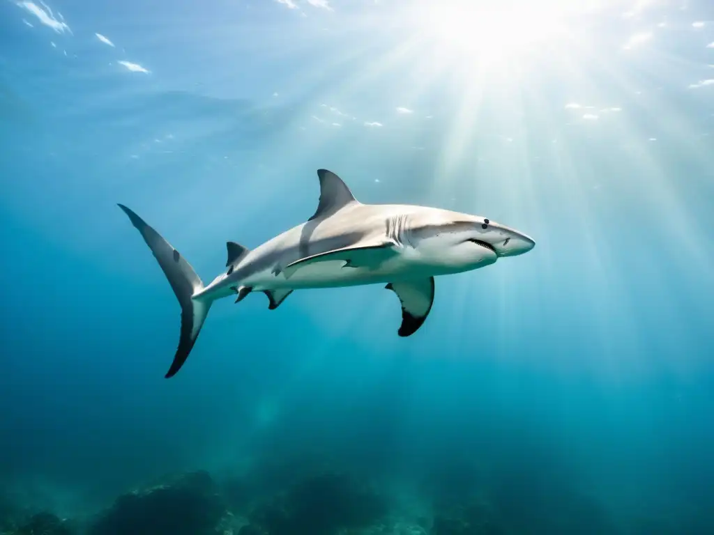 Encuentros cercanos con la fauna marina de Galápagos: un majestuoso tiburón martillo surcando las aguas cristalinas, iluminado por el sol