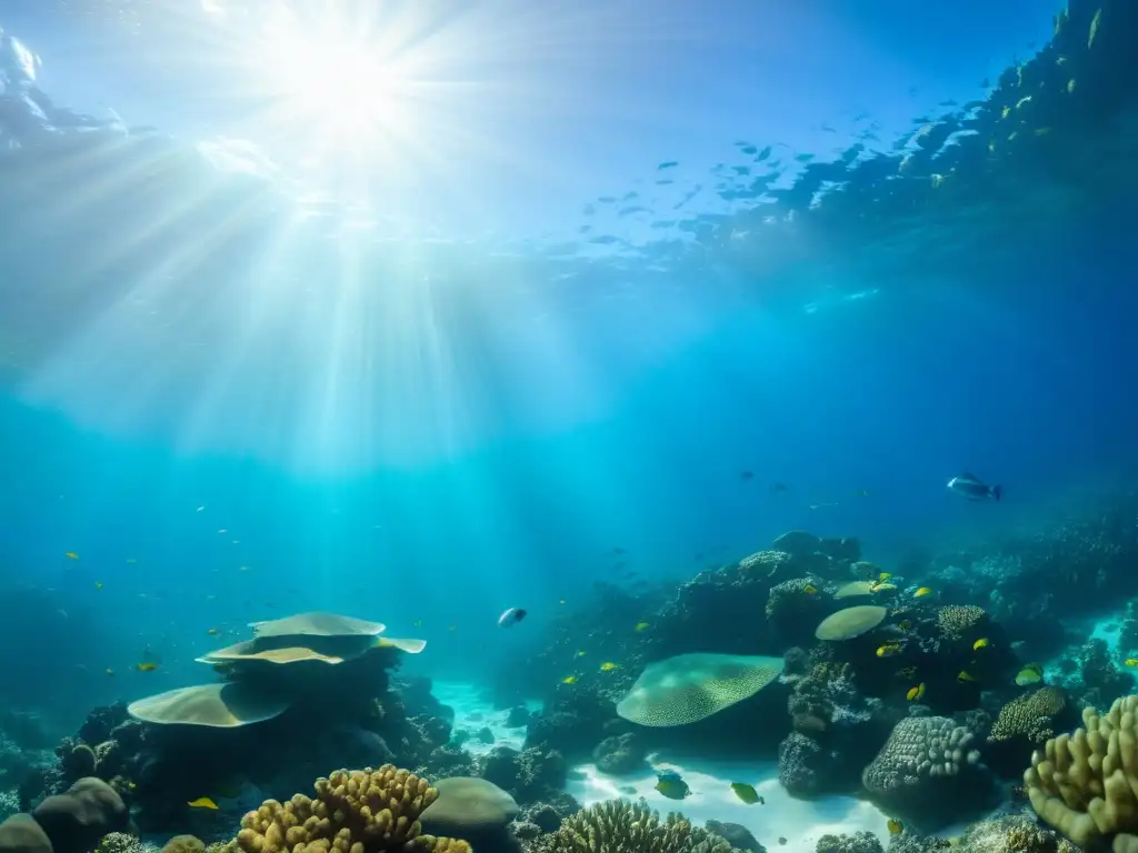 Encuentros cercanos con la fauna marina en Galápagos: un arrecife de coral vibrante y diverso, iluminado por la luz del sol en aguas cristalinas