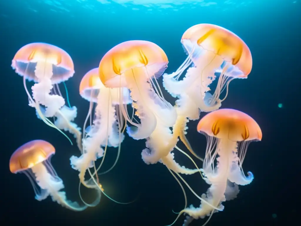 Encuentros con gigantes del abismo: cardúmen de medusas bioluminiscentes iluminando las profundidades marinas junto a criaturas misteriosas