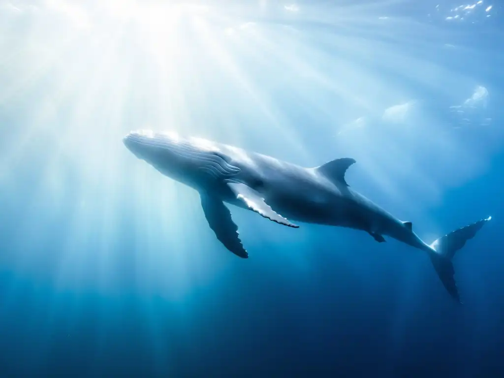 Encuentros con gigantes del abismo: majestuosa ballena azul nadando entre cardúmenes plateados, iluminada por la luz del sol