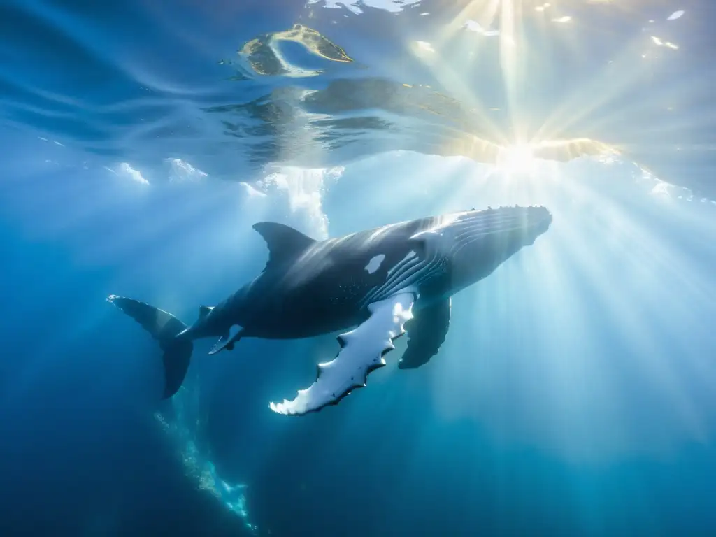 Encuentros inolvidables con ballenas: Majestuosa ballena jorobada nada entre peces en aguas cristalinas, iluminada por el sol