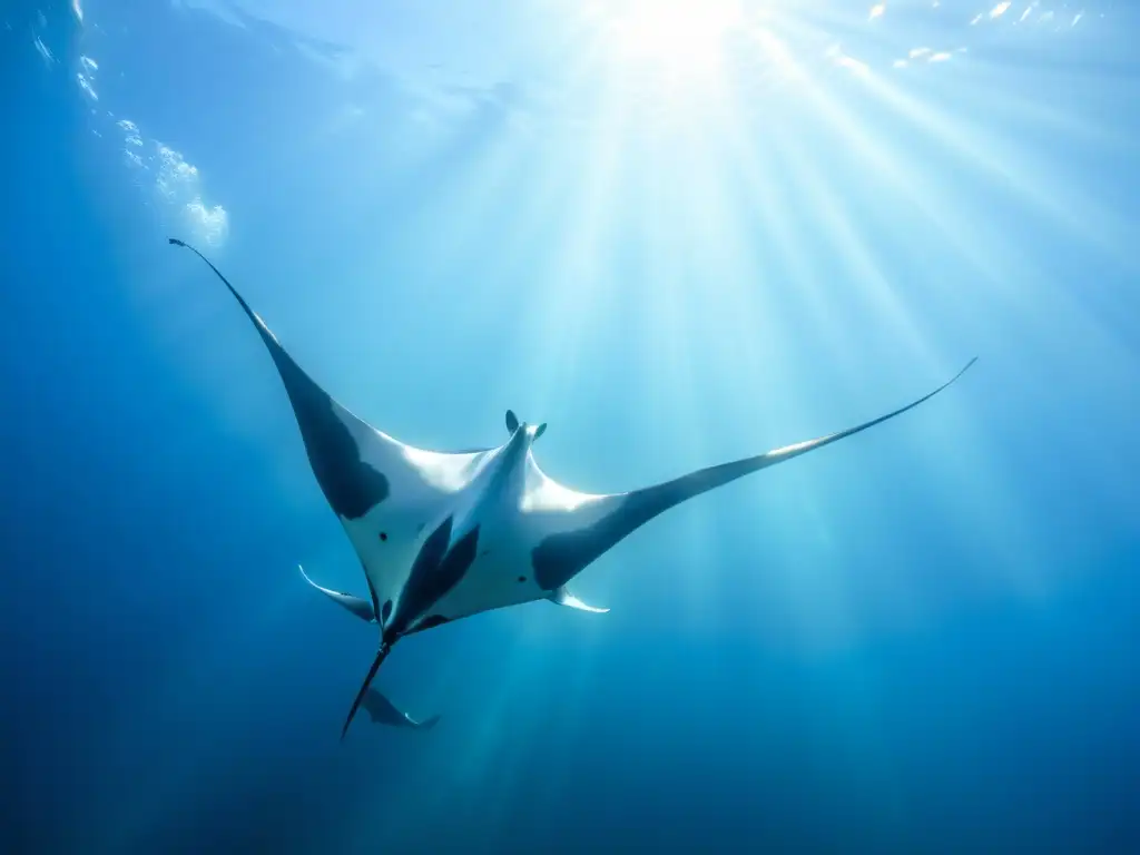 Encuentros con mantarrayas en el océano: majestuosas criaturas nadando grácilmente en aguas cristalinas, bailando con la luz del sol en un escenario submarino impresionante