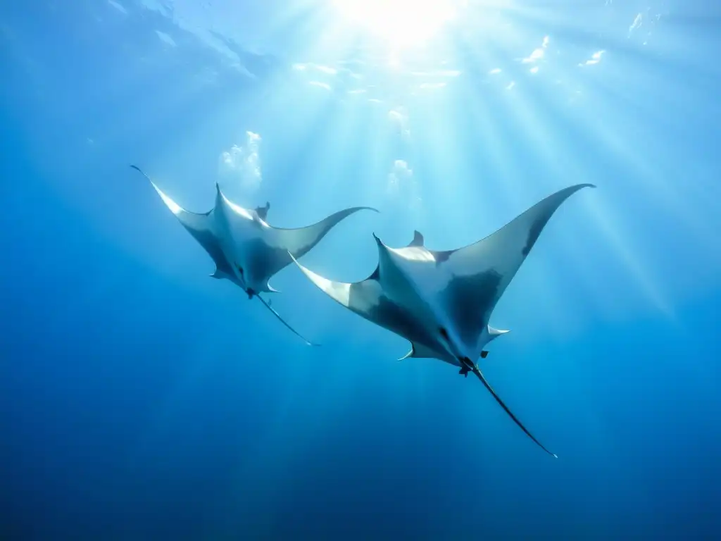 Encuentros con Mantarrayas en el océano: Majestuosas mantas nadan en aguas cristalinas, creando una atmósfera de paz y belleza submarina