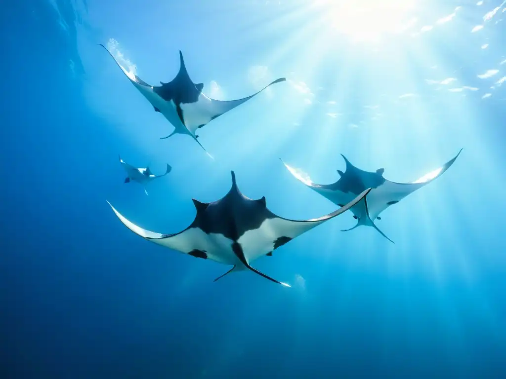 Encuentros con Mantarrayas en el océano: Majestuosas mantarrayas se deslizan elegantemente en aguas cristalinas, creando una escena tranquila y etérea