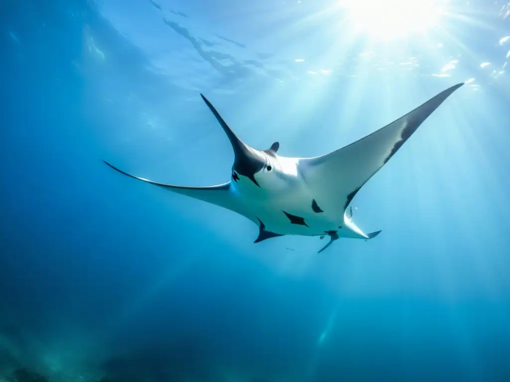 Encuentros con mantarrayas en Socorro: Majestuosa manta rayada surcando aguas cristalinas con elegancia, creando un cautivador espectáculo submarino