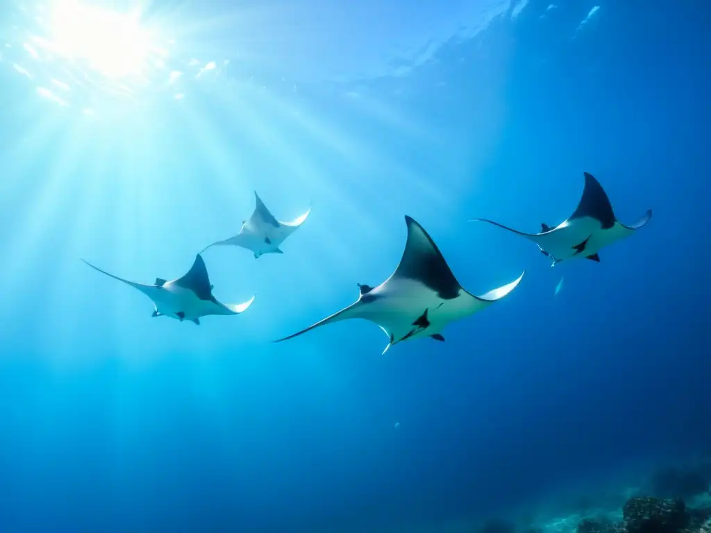 Encuentros con mantarrayas en Socorro: majestuosas mantarrayas nadando en aguas cristalinas, iluminadas por la luz del sol