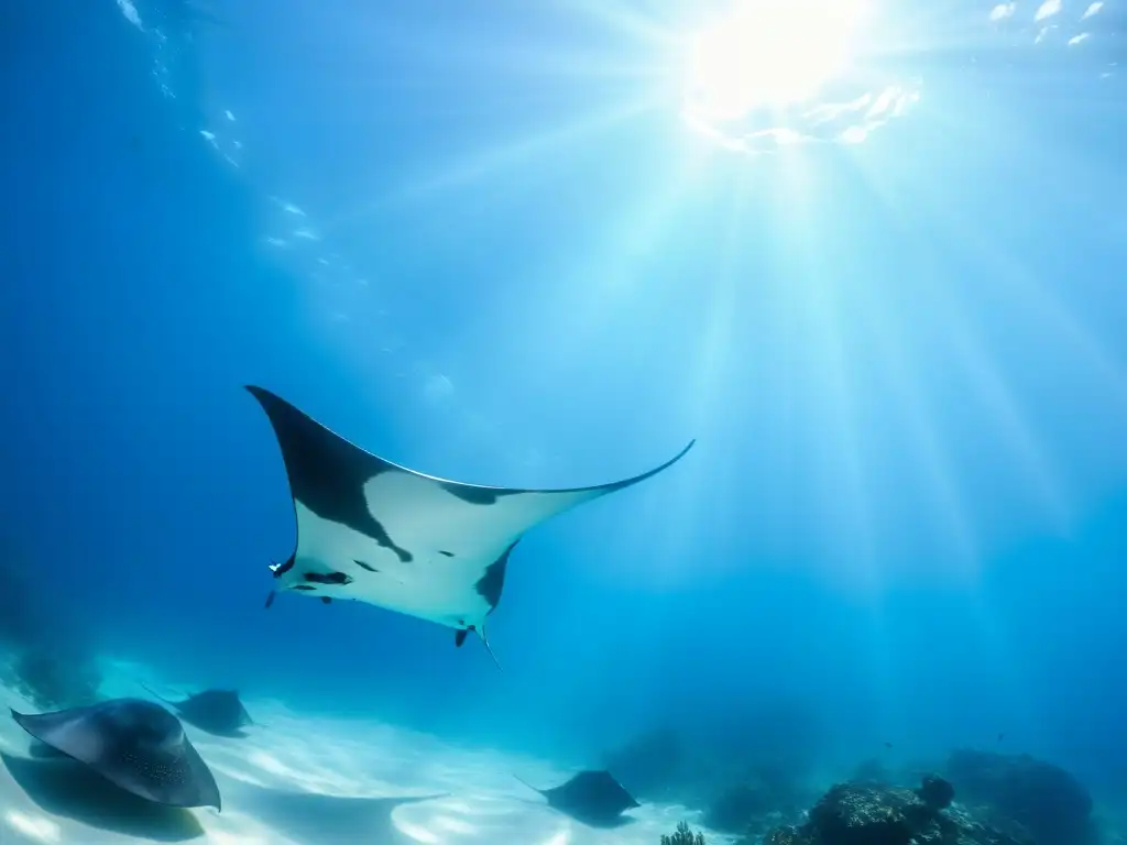 Encuentros con mantarrayas en Socorro: majestuosas mantarrayas se deslizan grácilmente bajo el agua cristalina, iluminadas por rayos de luz