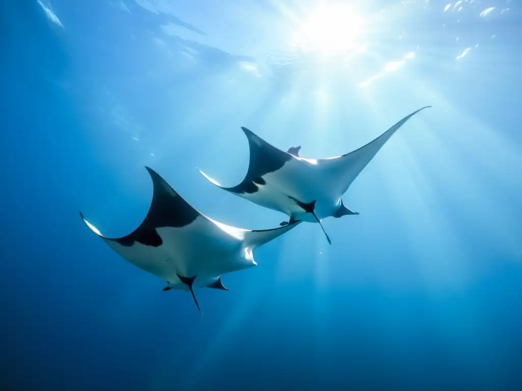 Encuentros con mantarrayas en Socorro: Majestuosas mantas nadando elegantemente en aguas cristalinas, bajo el filtrado de la luz solar